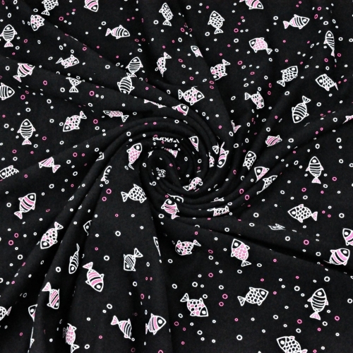 Reststück French Terry Sommersweat Fische Weiß-Pink / Schwarz